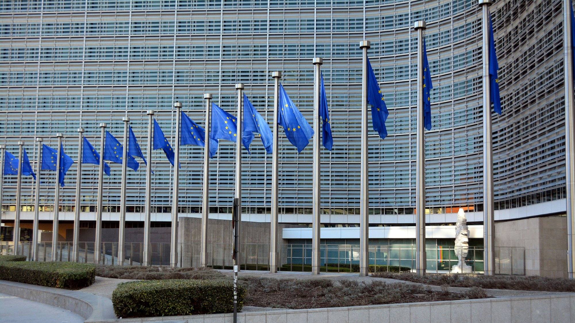 European Commission building with EU flags, Brussels